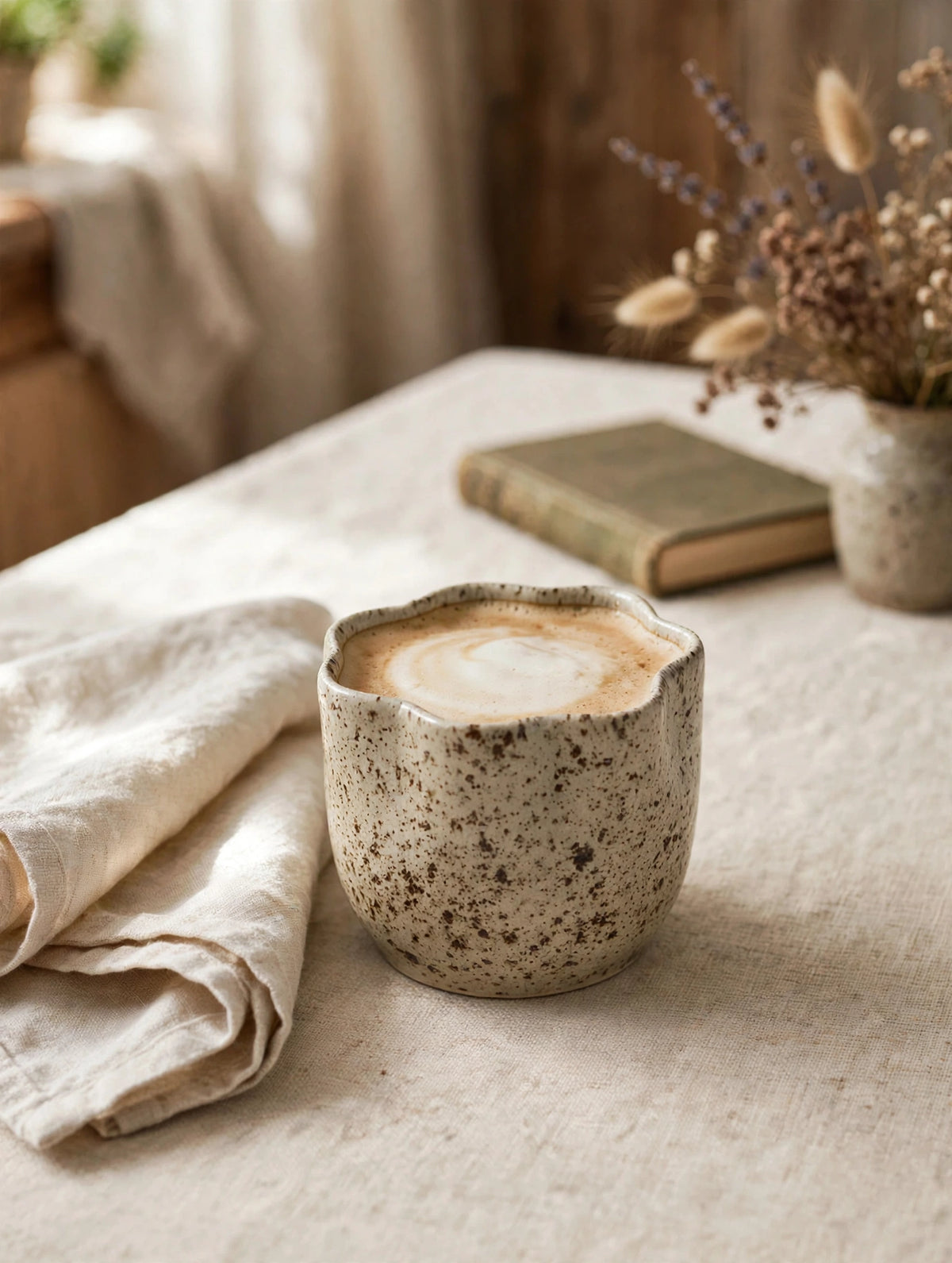 Mug sans anse en céramique artisanale – Grès moucheté, forme fleur – 300 ml