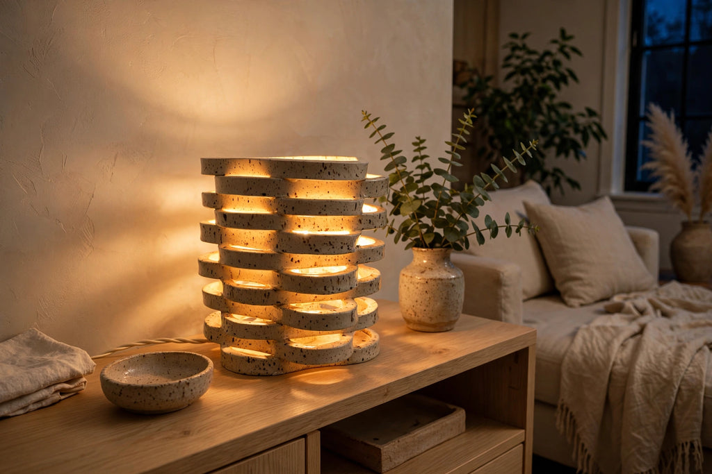 Lampe à poser en céramique ajourée – Grès chamotté fait main – H22 cm
