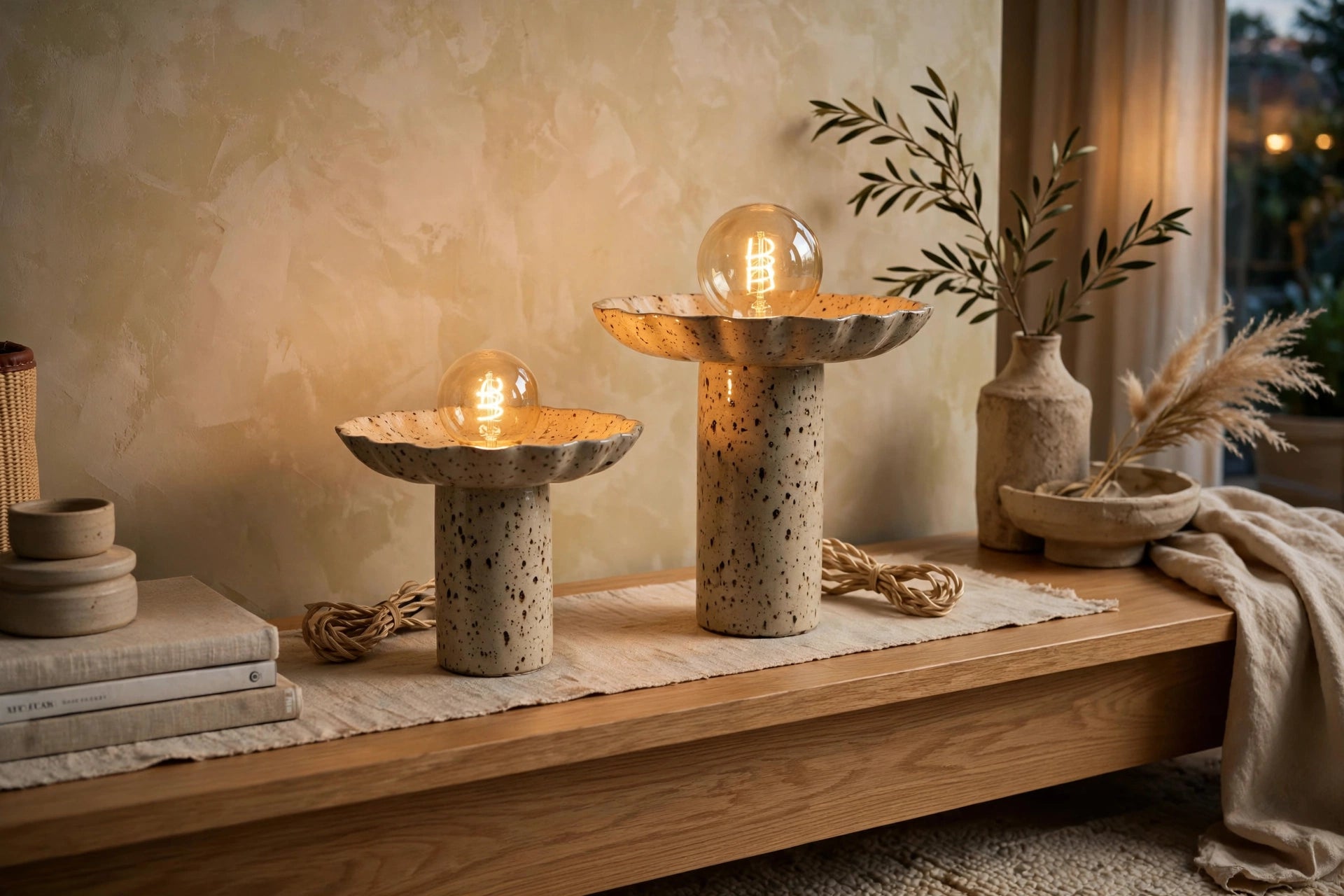 Lot de 2 lampes à poser en céramique – Grès moucheté fait main – H10 et H24 cm