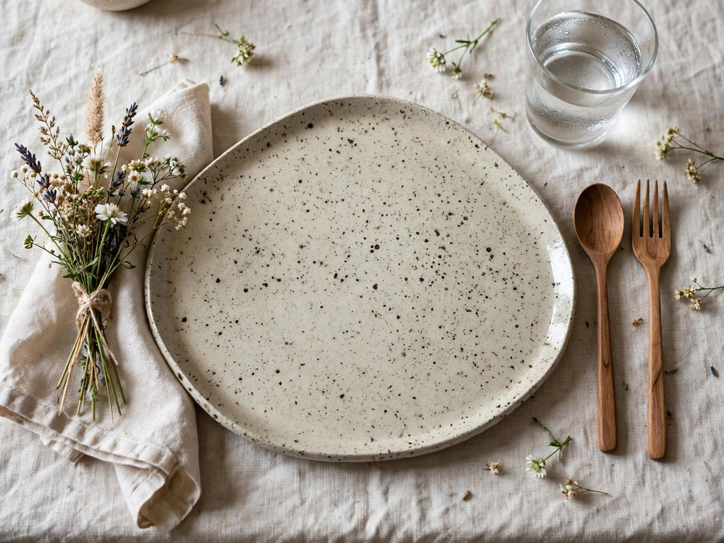 Assiette en céramique artisanale – Grès moucheté, forme galet – Grande (L) – Fait main