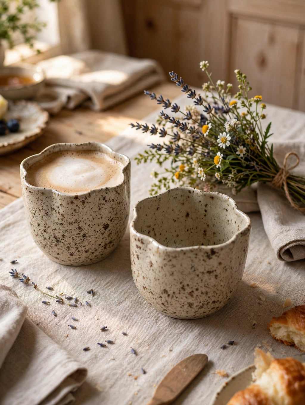 Lot de 2 mugs sans anse en céramique artisanale – Grès moucheté, forme fleur – 300 ml