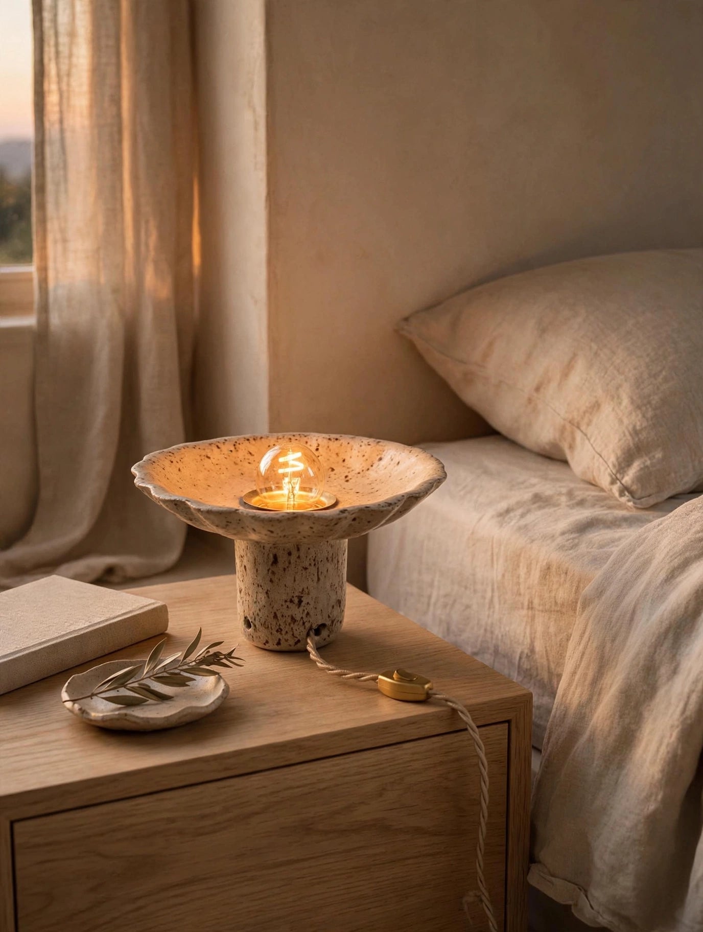 Lampe à poser en céramique artisanale – Grès moucheté, forme fleur – H10 cm